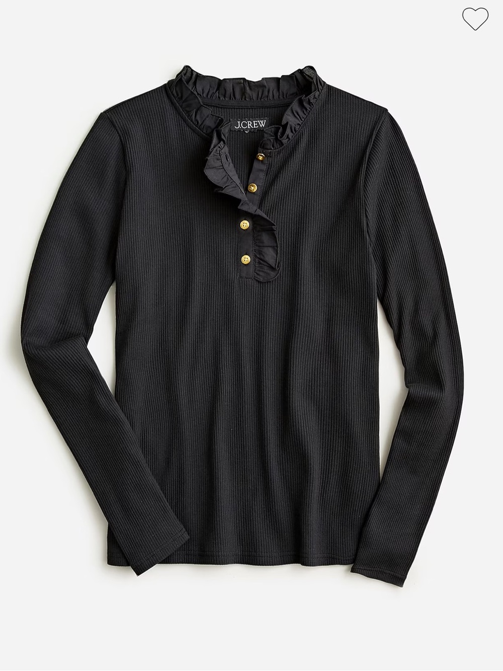 J. Crew Black Ruffle Trim Ribbed Henley Long-Sleeve Top